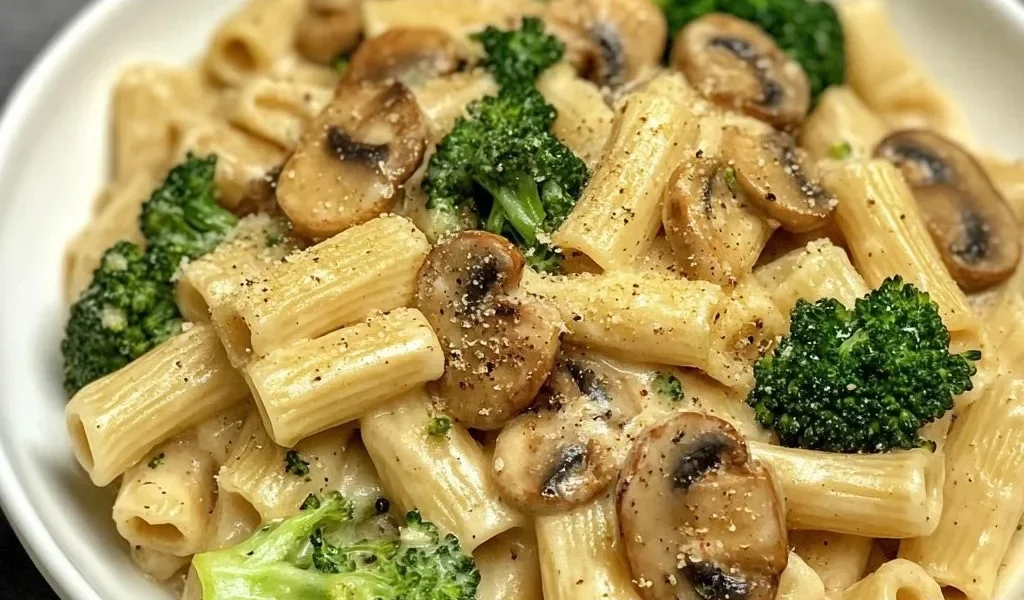 Vegane Pilz-Brokkoli-Pasta im Teller angerichtet mit frischen Zutaten.