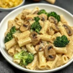 Vegane Pilz-Brokkoli-Pasta im Teller angerichtet mit frischen Zutaten.