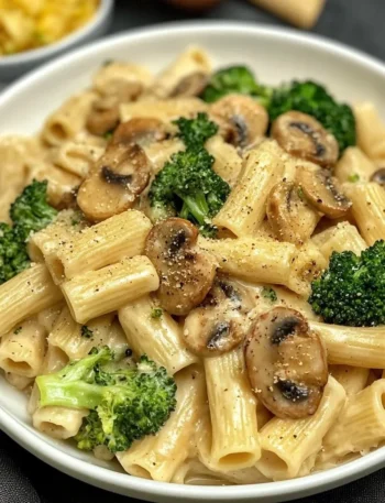 Vegane Pilz-Brokkoli-Pasta im Teller angerichtet mit frischen Zutaten.