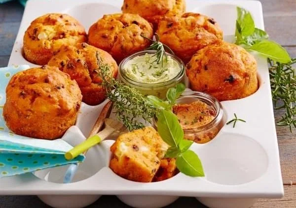 Vegane Pizza-Muffins auf einem Holzbrett, mit frischen Kräutern garniert.