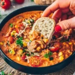 Vegane Pizzasuppe in einer Schüssel mit frischen Zutaten