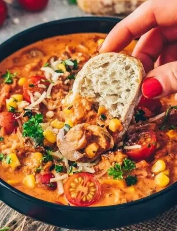 Vegane Pizzasuppe in einer Schüssel mit frischen Zutaten