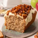 Veganer Apfelbrot in Scheiben serviert auf einem Holzbrett