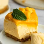 Veganer Mango-Käsekuchen mit frischen Mangos und cremigen Zutaten auf einem Kuchenteller