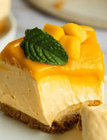 Veganer Mango-Käsekuchen mit frischen Mangos und cremigen Zutaten auf einem Kuchenteller