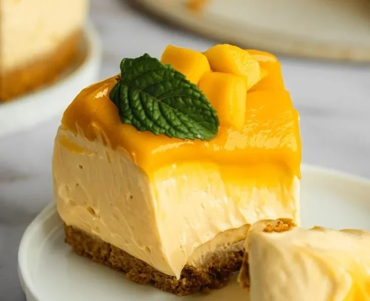 Veganer Mango-Käsekuchen mit frischen Mangos und cremigen Zutaten auf einem Kuchenteller