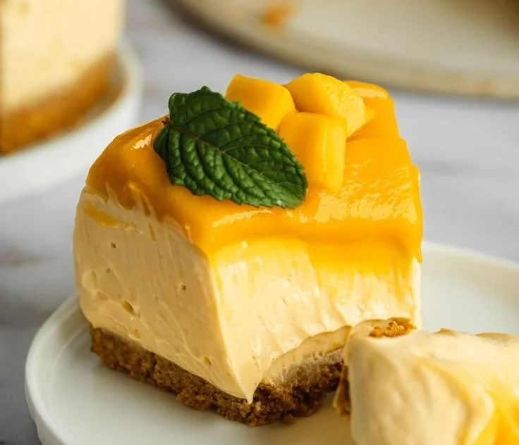 Veganer Mango-Käsekuchen mit frischen Mangos und cremigen Zutaten auf einem Kuchenteller