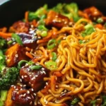 Vegane Teriyaki Noodle Bowl mit frischem Gemüse und Teriyaki-Sauce