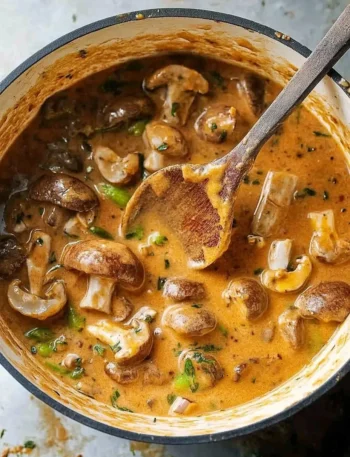 Veganes Lauch-Pilz-Gulasch mit frischen Zutaten auf einem Teller