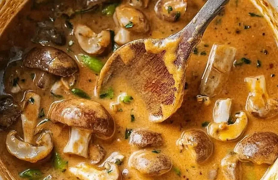 Veganes Lauch-Pilz-Gulasch mit frischen Zutaten auf einem Teller