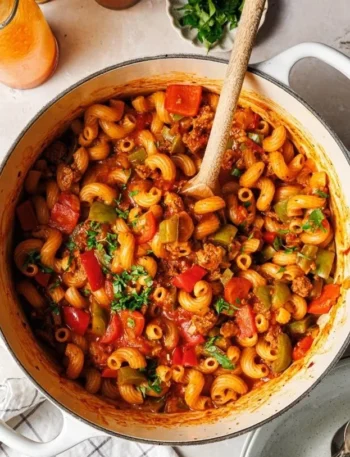 Veganes One Pot Nudelgulasch mit Tofu-Hack in einem Topf zubereitet