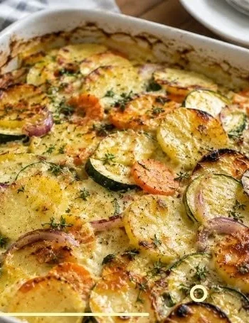 Vegetarischer Kartoffelauflauf mit frischem Gemüse und Kartoffeln