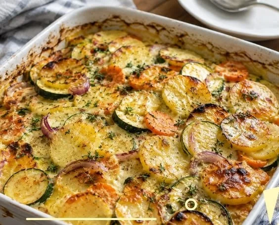 Vegetarischer Kartoffelauflauf mit frischem Gemüse und Kartoffeln