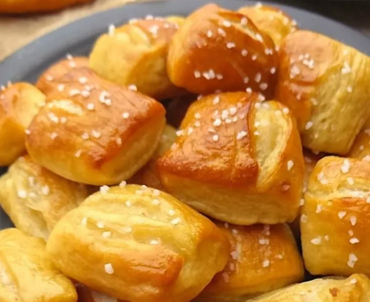 Vegane weiche Brezelstückchen frisch gebacken auf einem Holzbrett