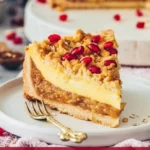 Veganer Apfel Streuselkuchen mit Pudding auf einem Kuchenteller