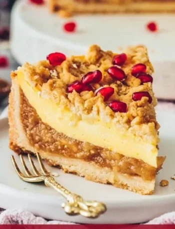 Veganer Apfel Streuselkuchen mit Pudding auf einem Kuchenteller