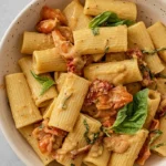 Ein Teller mit gebackener Hummus Pasta, garniert mit frischen Kräutern.