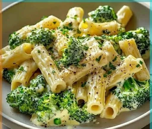 Veganes Brokkoli Alfredo mit weißen Bohnen auf einem Teller serviert.
