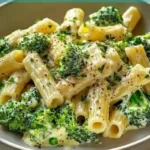 Veganes Brokkoli Alfredo mit weißen Bohnen auf einem Teller serviert.