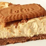 No-bake vegane Biscoff-Käsekuchen auf einem Teller, perfekt für Dessertliebhaber.