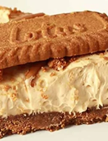 No-bake vegane Biscoff-Käsekuchen auf einem Teller, perfekt für Dessertliebhaber.