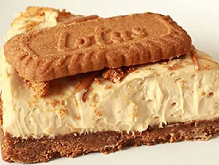 No-bake vegane Biscoff-Käsekuchen auf einem Teller, perfekt für Dessertliebhaber.