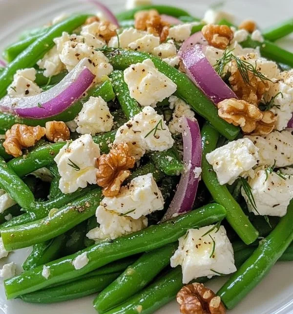 Erfrischender grüner Bohnen-Feta-Salat in einer Schüssel angerichtet