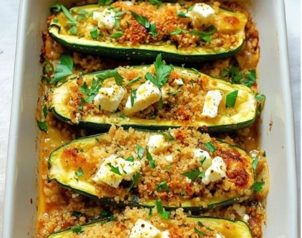 Köstliche gefüllte Zucchini auf einem Teller serviert