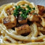 Geräucherte Tofu-Carbonara auf einem Teller serviert