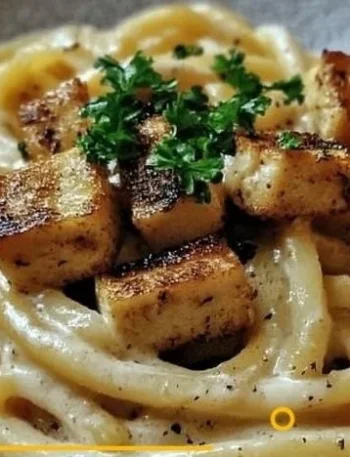 Geräucherte Tofu-Carbonara auf einem Teller serviert