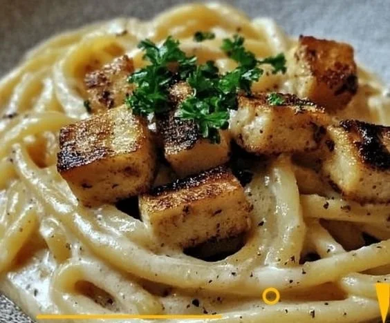 Geräucherte Tofu-Carbonara auf einem Teller serviert