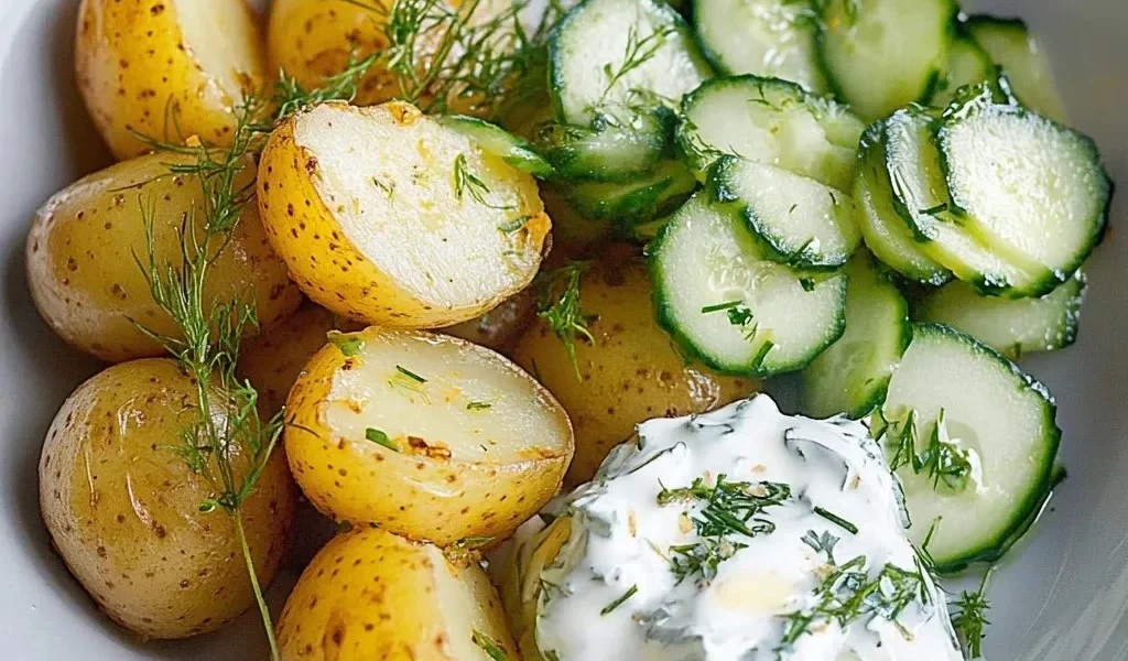 Ein Teller mit Kartoffeln, Gurkensalat und Quark für ein einfaches Rezept.