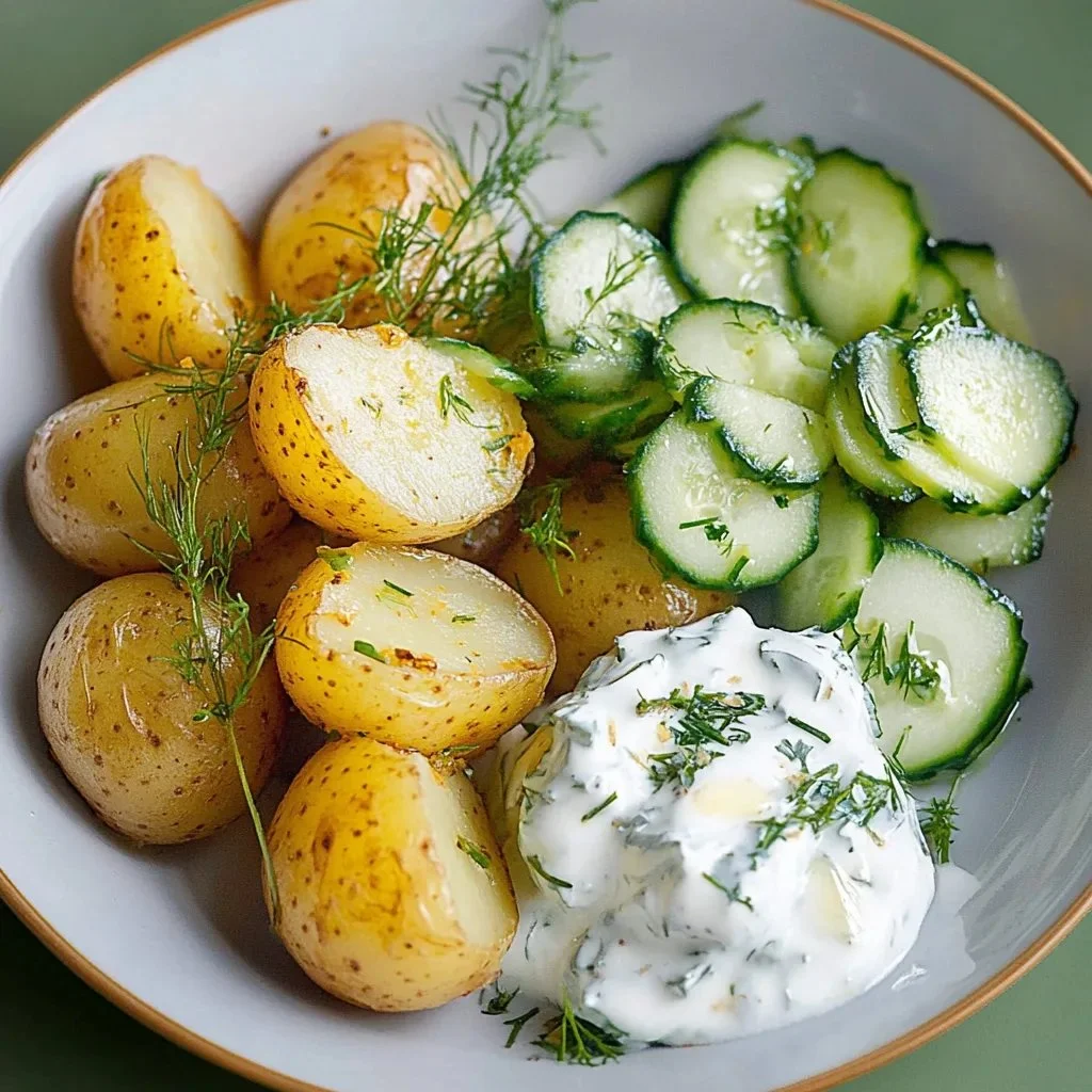 Ein Teller mit Kartoffeln, Gurkensalat und Quark für ein einfaches Rezept.
