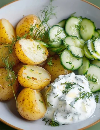 Auswahl an Kartoffeln mit frischem Gurkensalat und Quark auf einem Teller