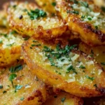 Knusprige Kartoffelspalten mit Knoblauch und Parmesan auf einem Teller