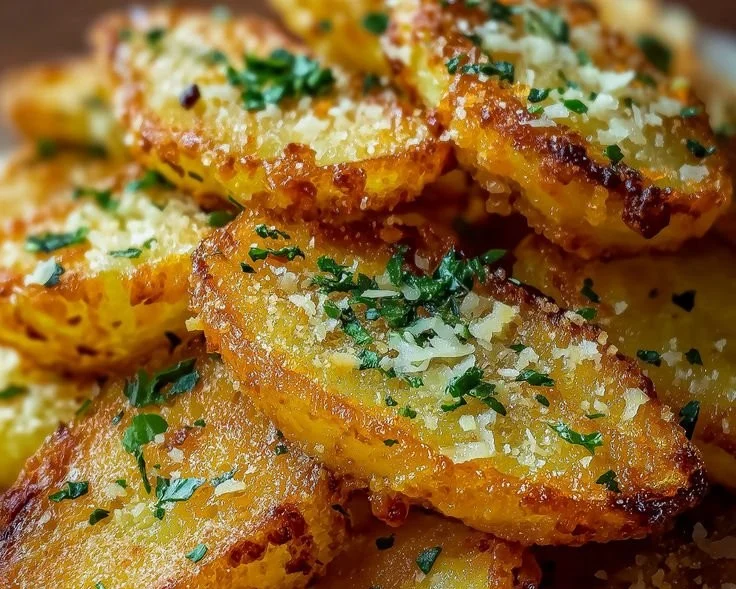 Knusprige Kartoffelspalten mit Knoblauch und Parmesan auf einem Teller