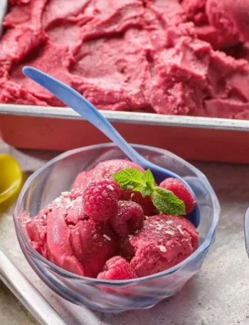Hausgemachtes Kokos-Himbeer-Eis in einer Schale mit frischen Himbeeren