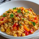 Vegane Paprika Reis Pfanne mit Kichererbsen auf einem Teller serviert