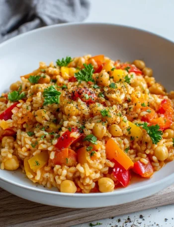 Vegane Paprika Reis Pfanne mit Kichererbsen auf einem Teller serviert