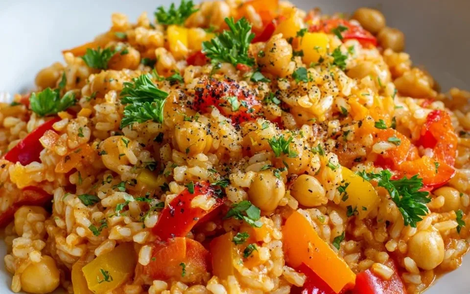 Vegane Paprika Reis Pfanne mit Kichererbsen auf einem Teller serviert