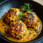 Linsenbällchen in Currysauce auf einem Teller serviert