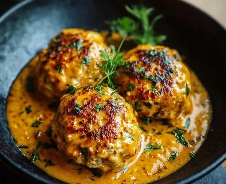 Linsenbällchen in Currysauce auf einem Teller serviert