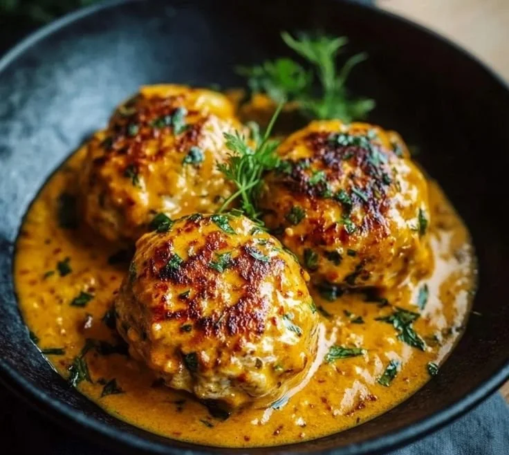 Linsenbällchen in Currysauce auf einem Teller serviert