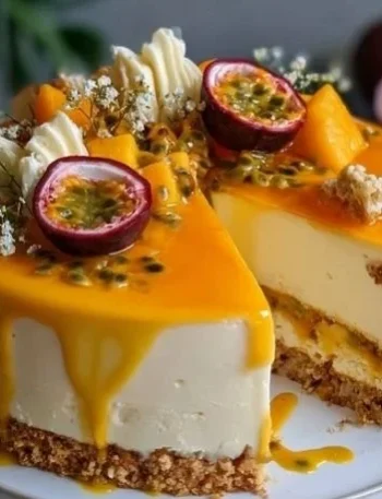 Mango-Passionsfrucht-Käsekuchen mit frischen Früchten und cremiger Textur