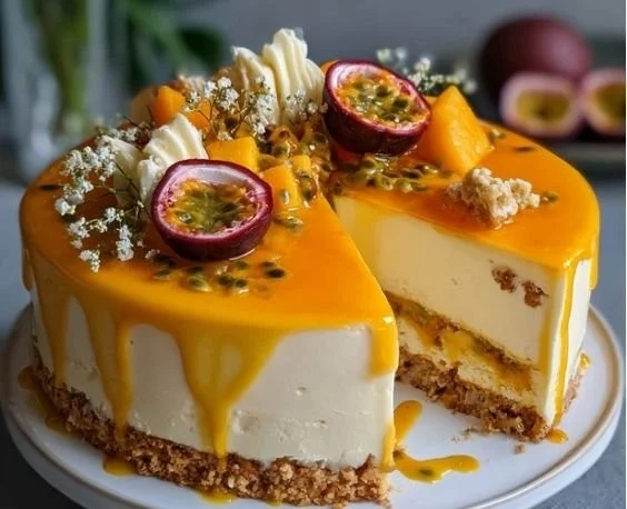 Mango-Passionsfrucht-Käsekuchen mit frischen Früchten und cremiger Textur