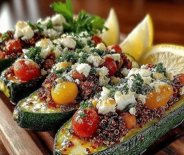 Schnelle mediterrane gefüllte Zucchini-Boote mit frischen Zutaten