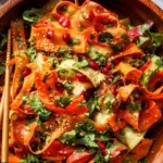 Rohkostmöhrensalat mit Zitrus-Miso-Ingwer-Dressing auf einem Teller