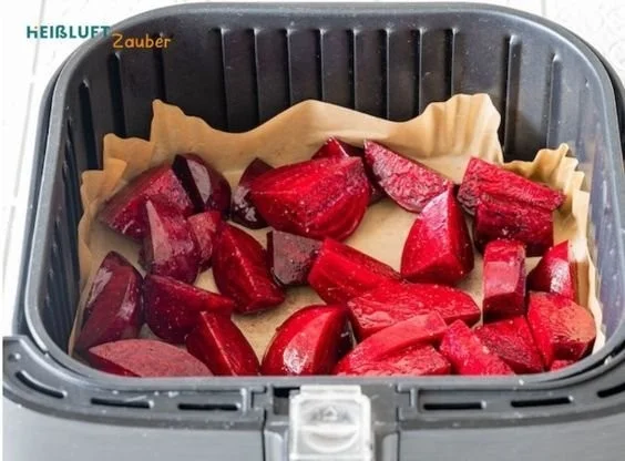 Rote Beete Gemüsescheiben aus dem Airfryer, frisch zubereitet und serviert