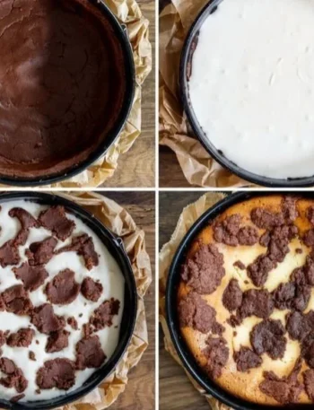 Russischer Zupfkuchen mit Schokoladenboden und Käsefüllung
