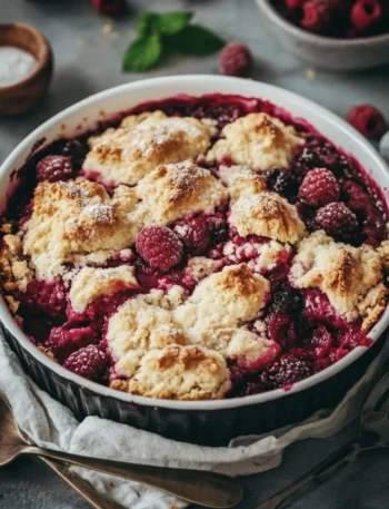 Schwarze Himbeer-Cobbler im Ofen gebacken, serviert mit Sahne